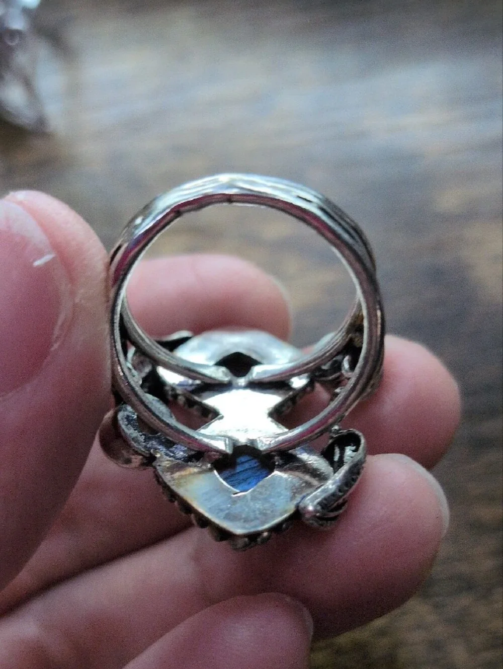 Labradorite Double Square Statement Ring - Silver Leaf Design